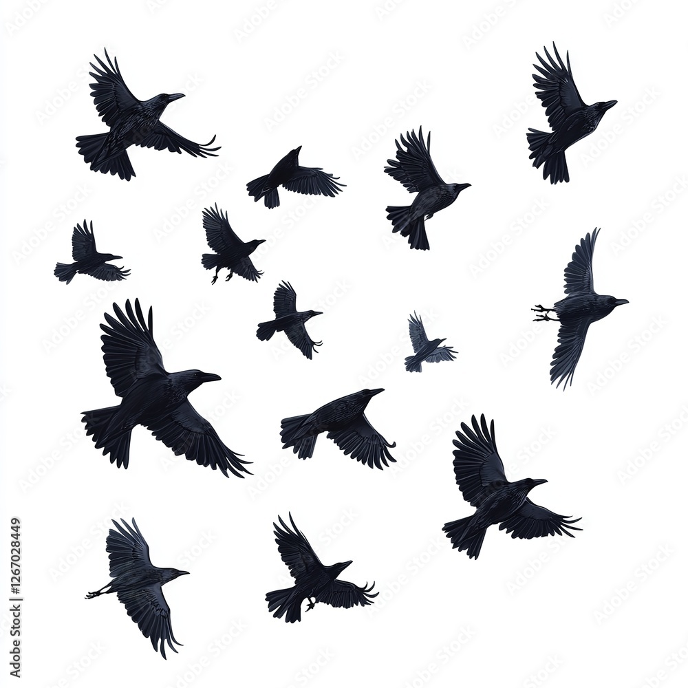 Obraz premium Silhouette Flock of Crows in Flight Dark Birds Soaring High Above White Background Dramatic Nature Scene Wildlife Illustration Black Raven Birds 