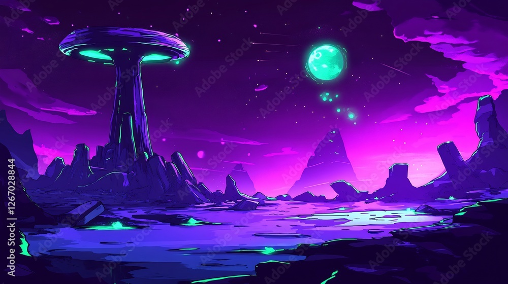 Fototapeta premium Vibrant purple alien landscape glowing under ethereal moon light. AI Generated
