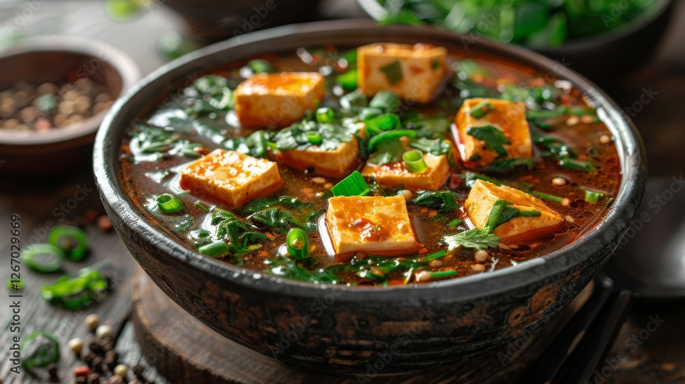 Mapo Tofu, with silky tofu cubes coated in a deep red spicy sauce, garnished with chopped scallions and Sichuan peppercorns, Mapo Tofu, with silky tofu cubes coated in a deep red spicy sauce, garnished with chopped scallions and Sichuan peppercorns,