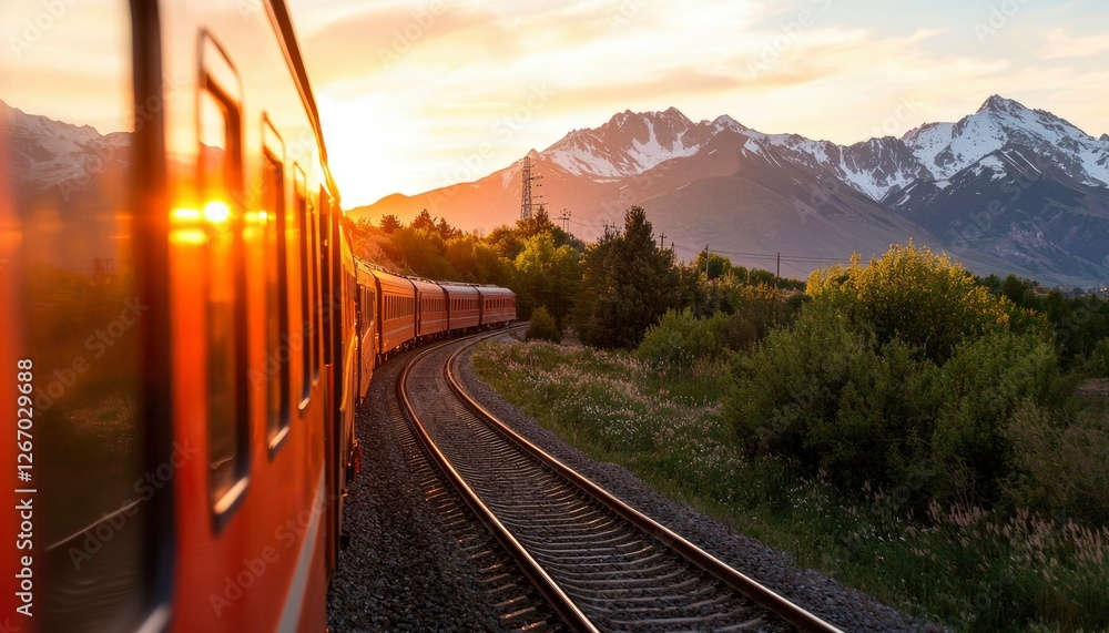 Fototapeta premium Train journey along the rails in the country at sunset offers transportation