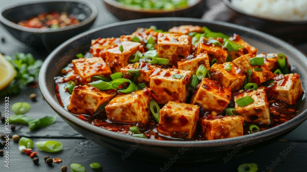 Mapo Tofu, with silky tofu cubes coated in a deep red spicy sauce, garnished with chopped scallions and Sichuan peppercorns, Mapo Tofu, with silky tofu cubes coated in a deep red spicy sauce, garnished with chopped scallions and Sichuan peppercorns,