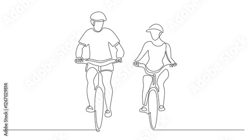 Continuous Line Drawing of Couple on Bike. One Line Drawing of Riding on Bicycle. Family Sport Concept Single Line Art Vector Illustration.