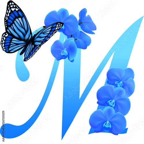 Blue letter M with orchid and butterfly on  transparent background; PNG