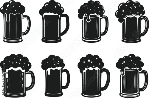 Beer Mug Silhouette Vector Set – Frothy Beer Glass Icons for Bars, Breweries, and Oktoberfest