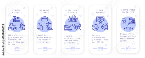 Benefits icons. Set of 5 benefits trendy minimal icons. Health and Wellness, work-life balance, professional growth, perks and rewards. Infographics for web page, mobile app. Vector illustration
