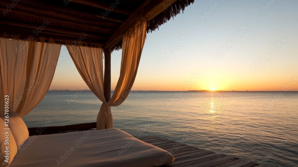 Obraz premium Sunset ocean view from beach bungalow bed