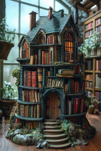 Wallpaper Mural Miniature library tower house with lit windows inspiring reading and literature Torontodigital.ca