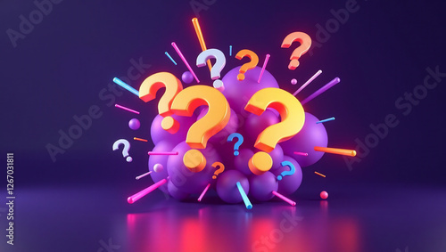 Colorful pop-up quiz game 3D Question Marks, ? with Neon Light and riddle