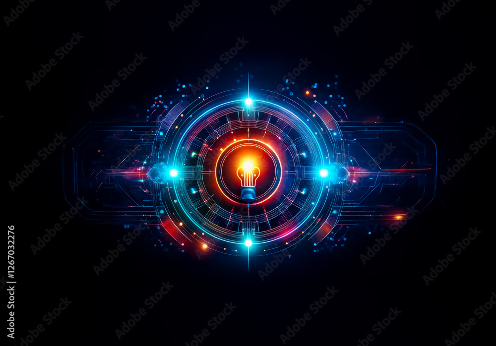 Obraz premium Glowing light bulb at the center of futuristic circular technology design, radiating bright energy on a dark background. Abstract digital and modern concept.
