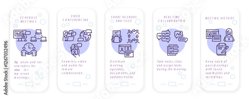 Meeting App icons. Schedule meetings, video conference, share agenda, real time collaboration, easy sharing, group conversation. Infographics for mobile app, presentations. Vector illustration