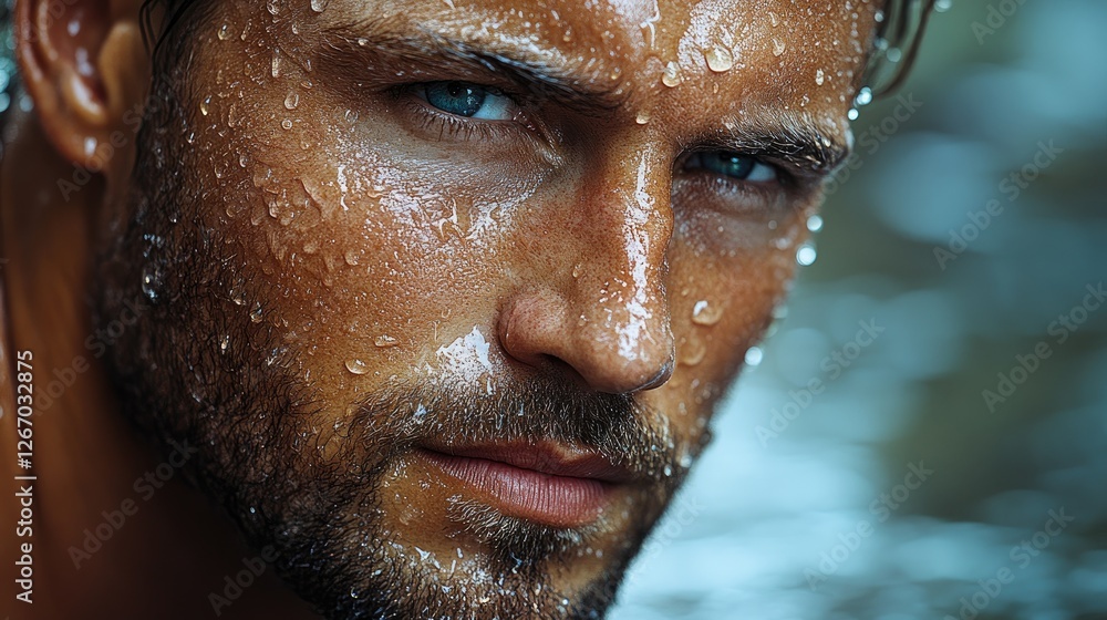 Close-up portrait of a man with water droplets on his face, showcasing intense expression and clarity Close-up portrait of a man with water droplets on his face, showcasing intense expression and clarity