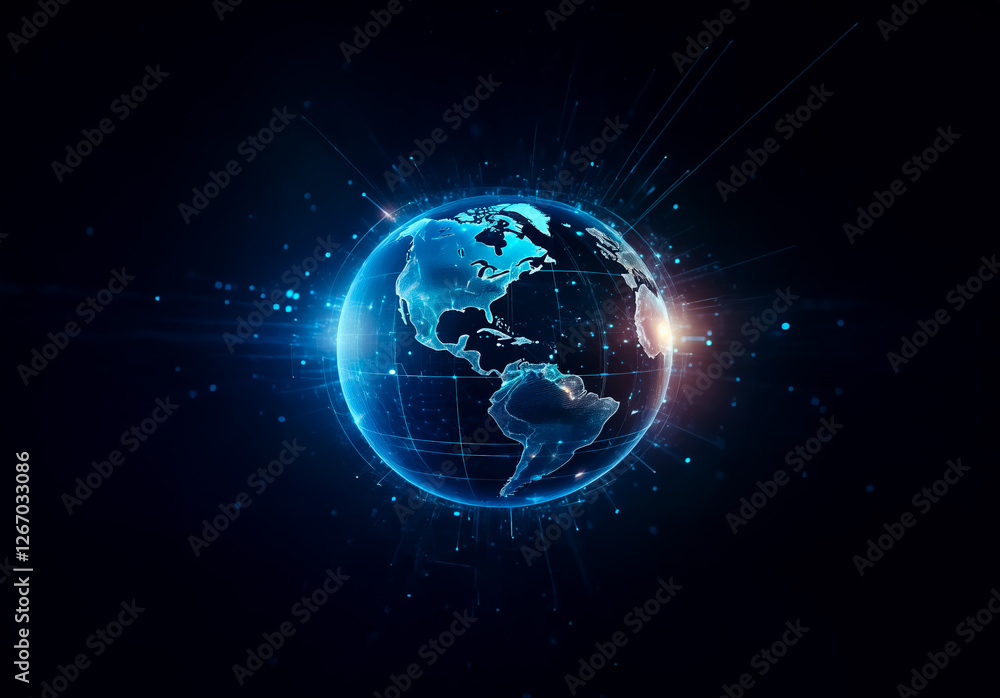 Fototapeta premium Digital globe with glowing blue continents and light rays in dark space. Represents global connection and futuristic technology.