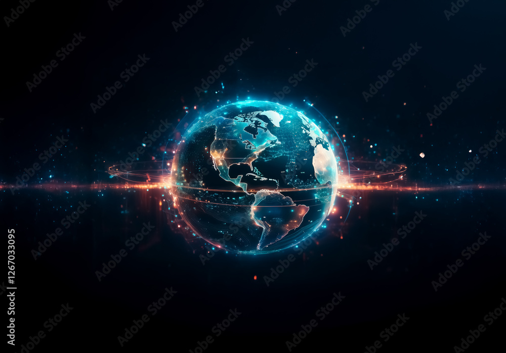 Fototapeta premium Glowing digital Earth sphere. Blue and orange energy trails illuminate continents. Abstract representation of global network and technology in space.