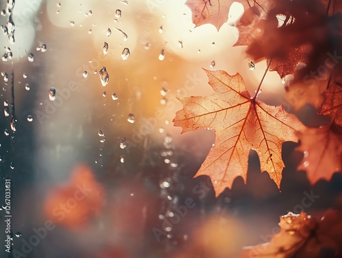 Abstract Fall Leaves Sticking to a Rain-Covered Glass Window, Vibrant Autumn Foliage in Red, Orange, and Yellow with Blurred Background and Water Droplets for a Cozy Seasonal Mood