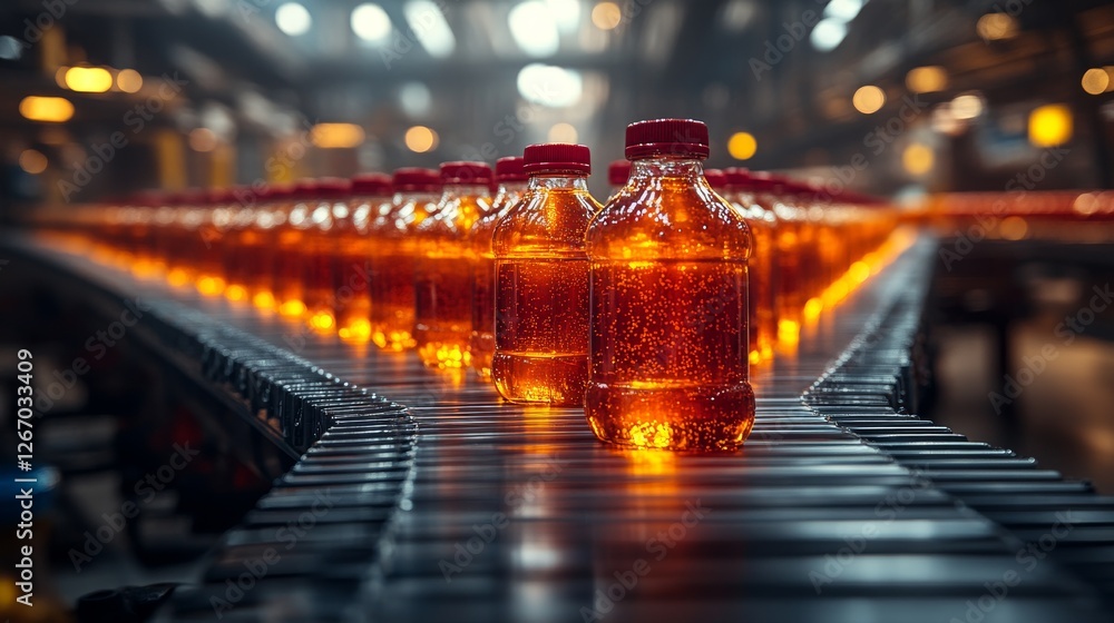 Obraz premium Rows of amber liquid-filled plastic bottles moving on a factory conveyor belt.