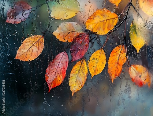 Abstract Fall Leaves Sticking to a Rain-Covered Glass Window, Vibrant Autumn Foliage in Red, Orange, and Yellow with Blurred Background and Water Droplets for a Cozy Seasonal Mood
