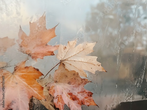 Abstract Fall Leaves Sticking to a Rain-Covered Glass Window, Vibrant Autumn Foliage in Red, Orange, and Yellow with Blurred Background and Water Droplets for a Cozy Seasonal Mood