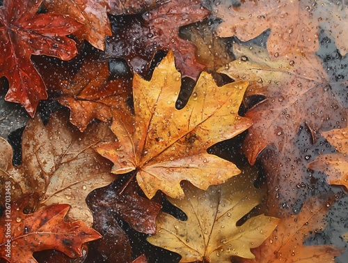 Abstract Fall Leaves Sticking to a Rain-Covered Glass Window, Vibrant Autumn Foliage in Red, Orange, and Yellow with Blurred Background and Water Droplets for a Cozy Seasonal Mood