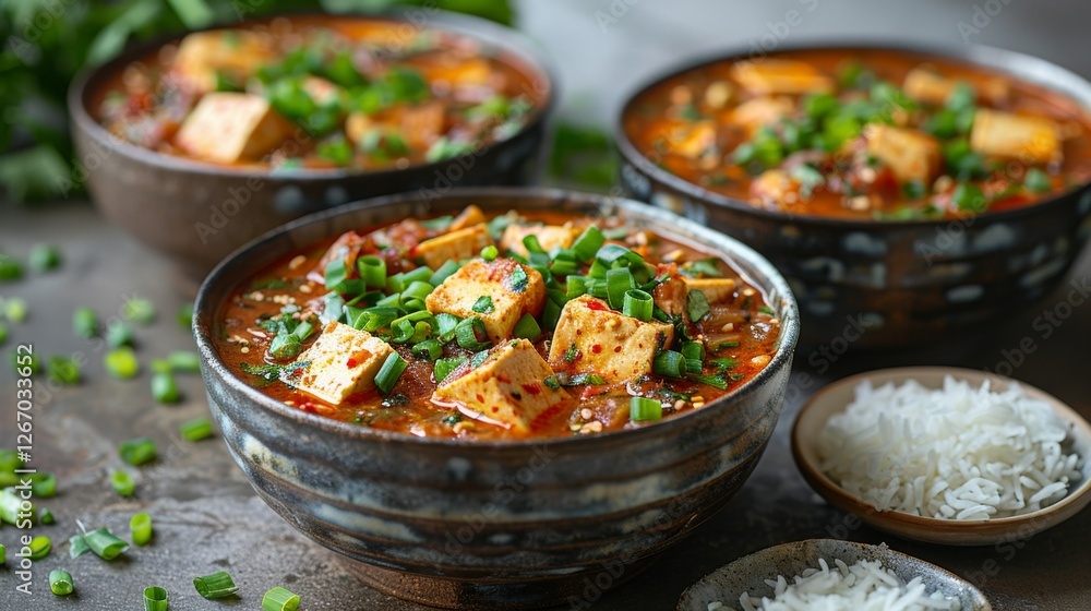 Mapo Tofu, with silky tofu cubes coated in a deep red spicy sauce, garnished with chopped scallions and Sichuan peppercorns, Mapo Tofu, with silky tofu cubes coated in a deep red spicy sauce, garnished with chopped scallions and Sichuan peppercorns,