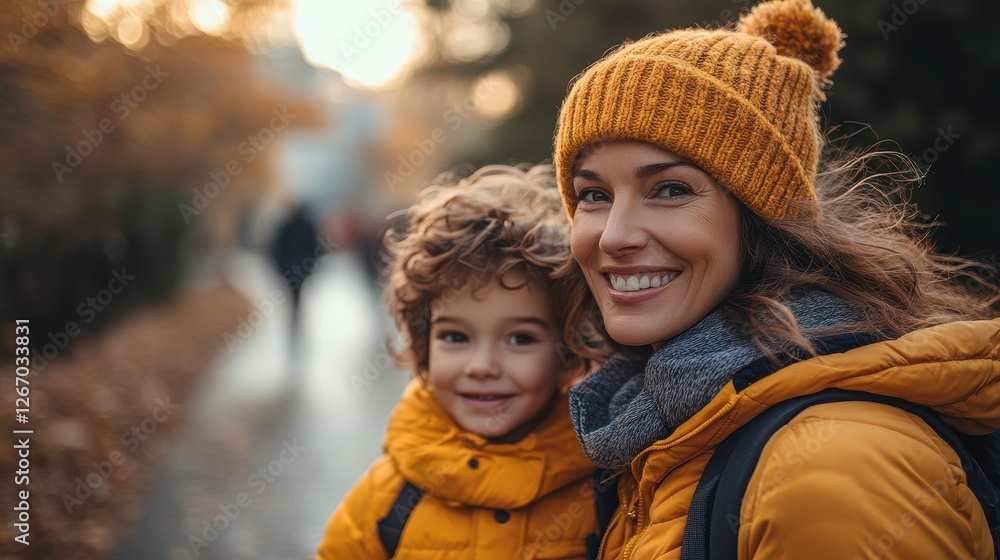Happy Mother and Son Enjoying Autumn Day Outdoors Happy Mother and Son Enjoying Autumn Day Outdoors