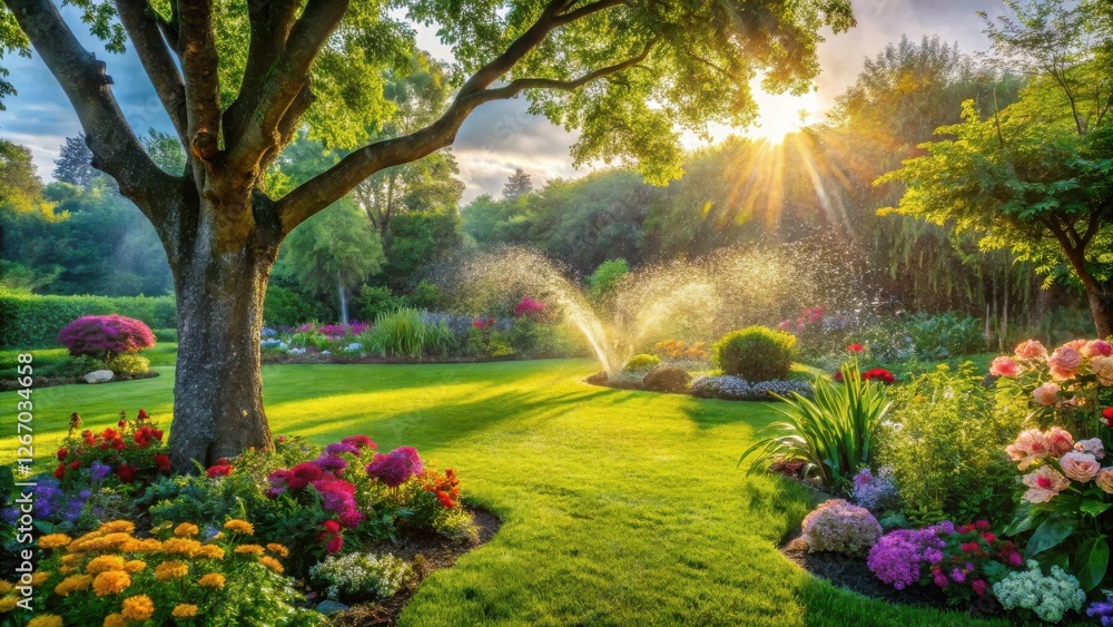 Fototapeta premium Serene Garden Landscape with Sprinkler System at Sunrise