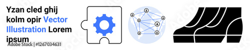 Puzzle gear, network nodes, and steps symbolizing problem-solving, innovation, connection, and progression. Ideal for technology, teamwork, automation learning workflow goals flat landing page