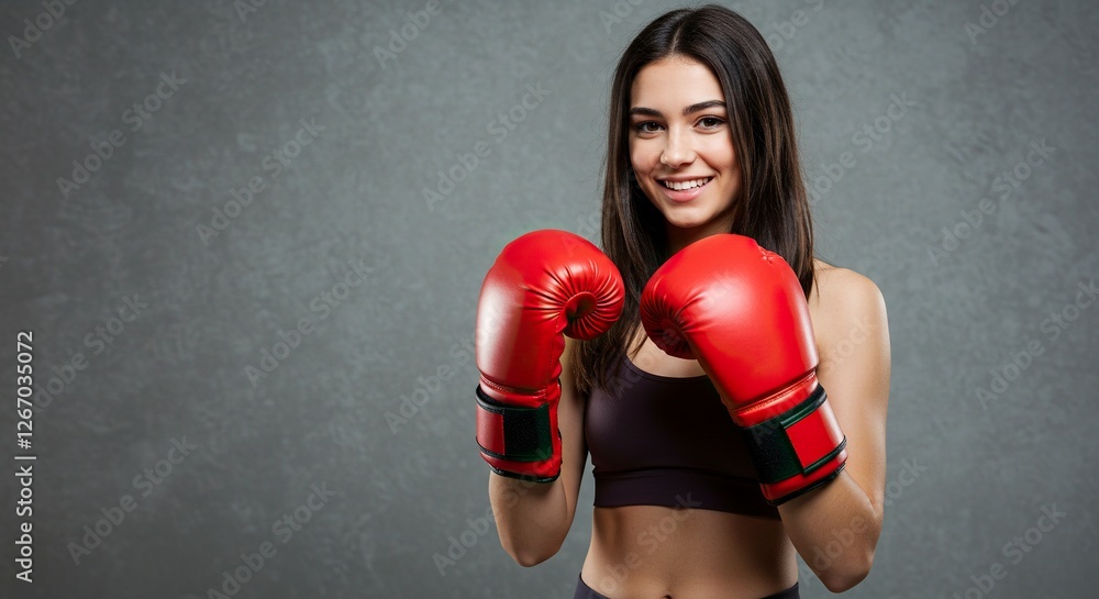 Smiling Woman with Boxing Gloves Ready for Training and Sport Smiling Woman with Boxing Gloves Ready for Training and Sport