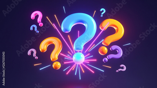 Colorful pop-up quiz game 3D Question Marks, ? with Neon Light and riddle