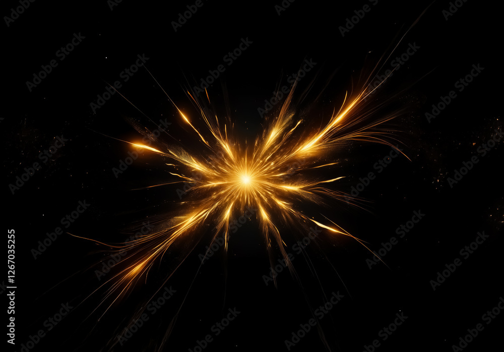 Golden light bursts outward from the center, creating a radiant and energetic display against a dark background. Sparkles and glowing rays illuminate the space. Golden light bursts outward from the center, creating a radiant and energetic display against a dark background. Sparkles and glowing rays illuminate the space.