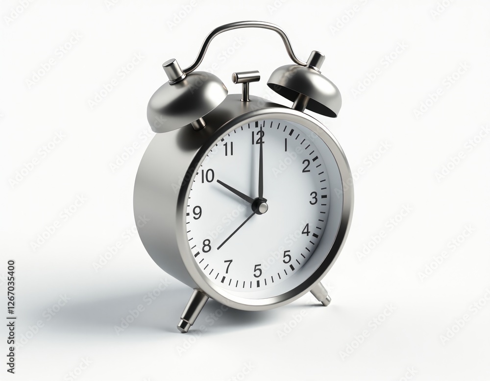 Silver Alarm Clock Showing Twelve O'Clock - Time Management Concept Silver Alarm Clock Showing Twelve O'Clock - Time Management Concept