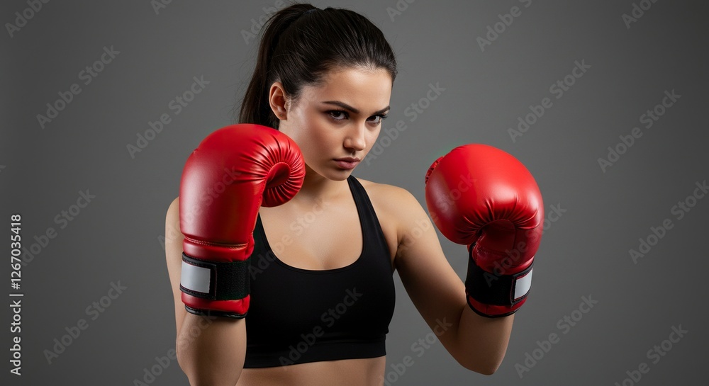 Female Boxer with Red Boxing Gloves in Stance Ready to Fight Female Boxer with Red Boxing Gloves in Stance Ready to Fight