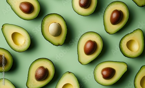 Halved avocados arranged on green background, food photography, healthy eating photo