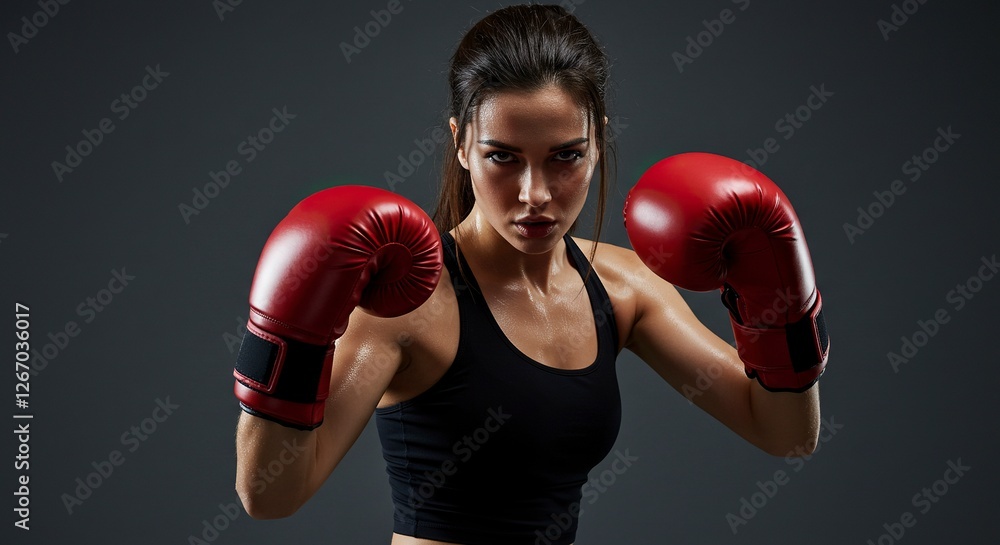 Determined Woman Boxing with Red Gloves in Studio Training Session Determined Woman Boxing with Red Gloves in Studio Training Session