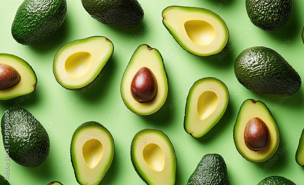 Avocados arranged on green background, overhead shot Avocados arranged on green background, overhead shot