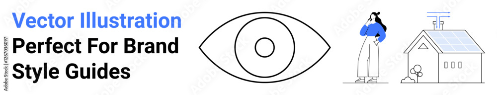 Eye icon next to a woman pondering, standing by a house equipped with solar panels. Ideal for sustainability, energy, vision, innovation, observation, eco-living awareness. Perfect flat landing page Eye icon next to a woman pondering, standing by a house equipped with solar panels. Ideal for sustainability, energy, vision, innovation, observation, eco-living awareness. Perfect flat landing page