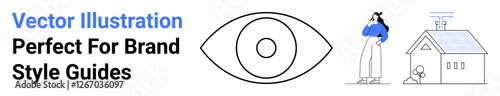 Eye icon next to a woman pondering, standing by a house equipped with solar panels. Ideal for sustainability, energy, vision, innovation, observation, eco-living awareness. Perfect flat landing page