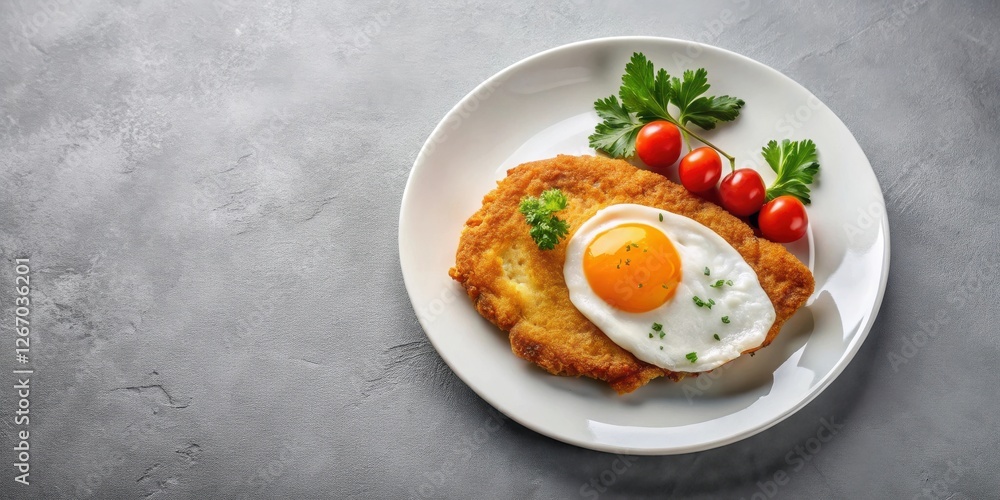Delicious fried breaded cutlet served with fried egg and cherry tomatoes on a white plate Delicious fried breaded cutlet served with fried egg and cherry tomatoes on a white plate