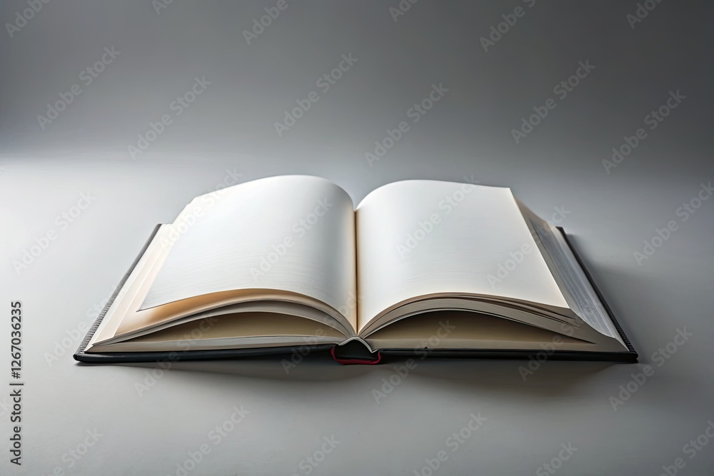Clean, gray background features an open book with pristine pages; ideal for product photography and design display. Clean, gray background features an open book with pristine pages; ideal for product photography and design display.