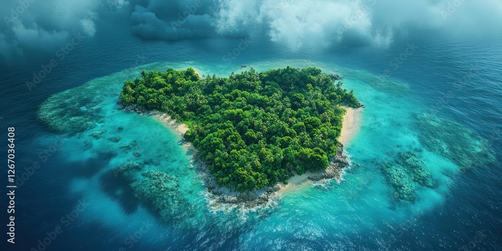 Secluded Tropical Island Paradise: An Aerial View of Lush Green Foliage, Pristine Beaches, and Turquoise Waters. Secluded Tropical Island Paradise: An Aerial View of Lush Green Foliage, Pristine Beaches, and Turquoise Waters.
