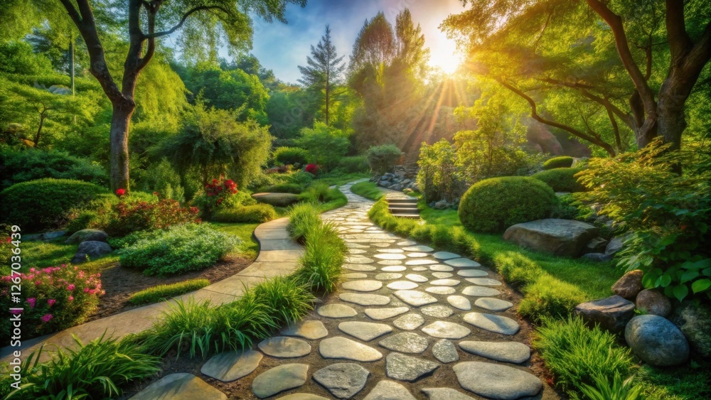 Obraz premium Serene Garden Path at Sunrise A Winding Stone Walkway Through Lush Greenery and Sunlit Foliage, Creating a Picturesque Landscape