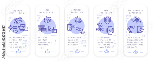 AI technology icons. Set of 5 AI technology minimal icons. Instant suggestions, Task management, seamless translation, personalized experience. For mobile app, presentations. Vector illustration.