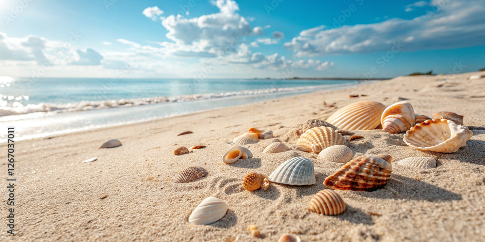 Beautiful Collection of Seashells on the Beach Sand with a Vibrant Summer Background Beautiful Collection of Seashells on the Beach Sand with a Vibrant Summer Background