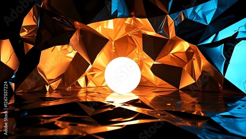 light, sphere, orb, glowing, reflection, abstract, geometric, metallic, foil, texture, polygonal, facet, yellow, orange, blue, dark, modern, design, art, studio, 3d, render, digital, creativity, futur