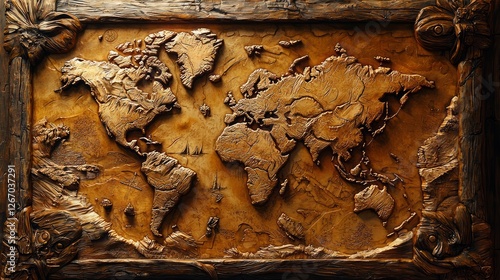 Carved wooden world map; decorative frame; detailed relief. Possible use wall art photo