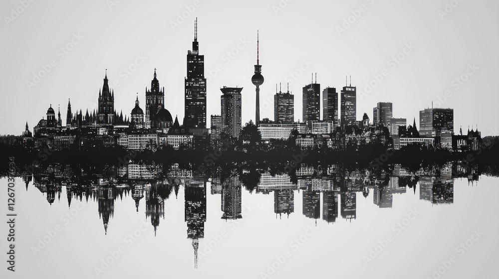 Fototapeta premium City skyline reflected on water, night view, urban landscape, architectural design, possible use for background