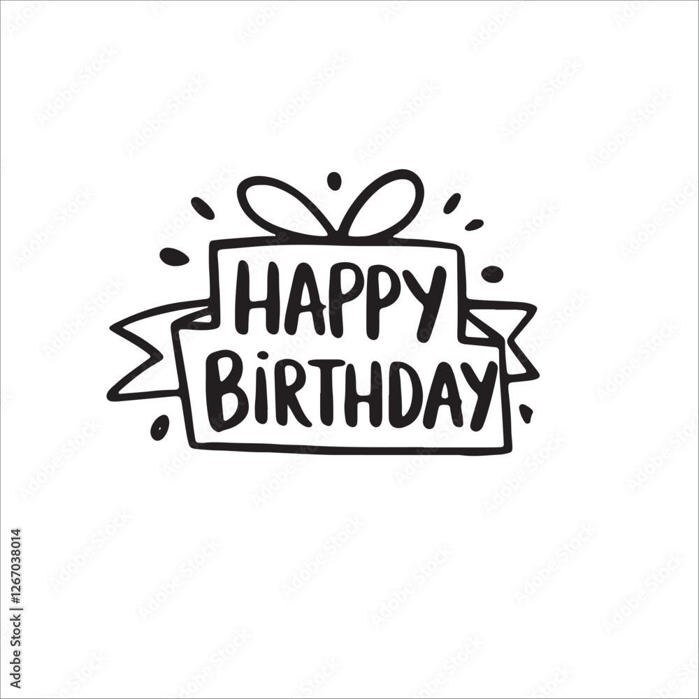 Fototapeta premium Happy Birthday Gift Box: A cheerful hand-drawn illustration of a gift box with a ribbon and the words 
