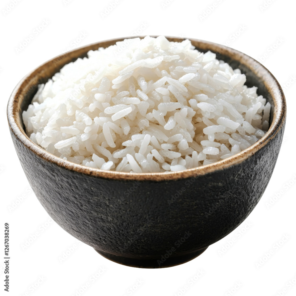 Freshly cooked white rice in black bowl, perfect for meals. This staple food is versatile and enjoyed worldwide, adding texture and flavor to various dishes Freshly cooked white rice in black bowl, perfect for meals. This staple food is versatile and enjoyed worldwide, adding texture and flavor to various dishes