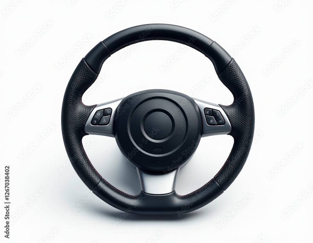 Modern Car Steering Wheel with Control Buttons - Isolated on White Background Modern Car Steering Wheel with Control Buttons - Isolated on White Background