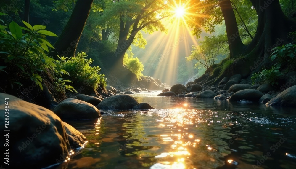 Sunlit rainforest stream with sunlight reflection, river rocks, serene atmosphere Sunlit rainforest stream with sunlight reflection, river rocks, serene atmosphere