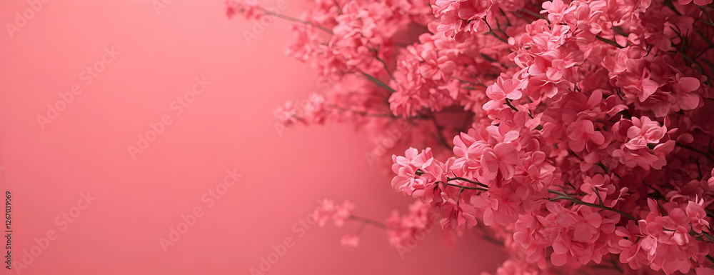 Fototapeta premium Pink blossoms, coral backdrop, spring